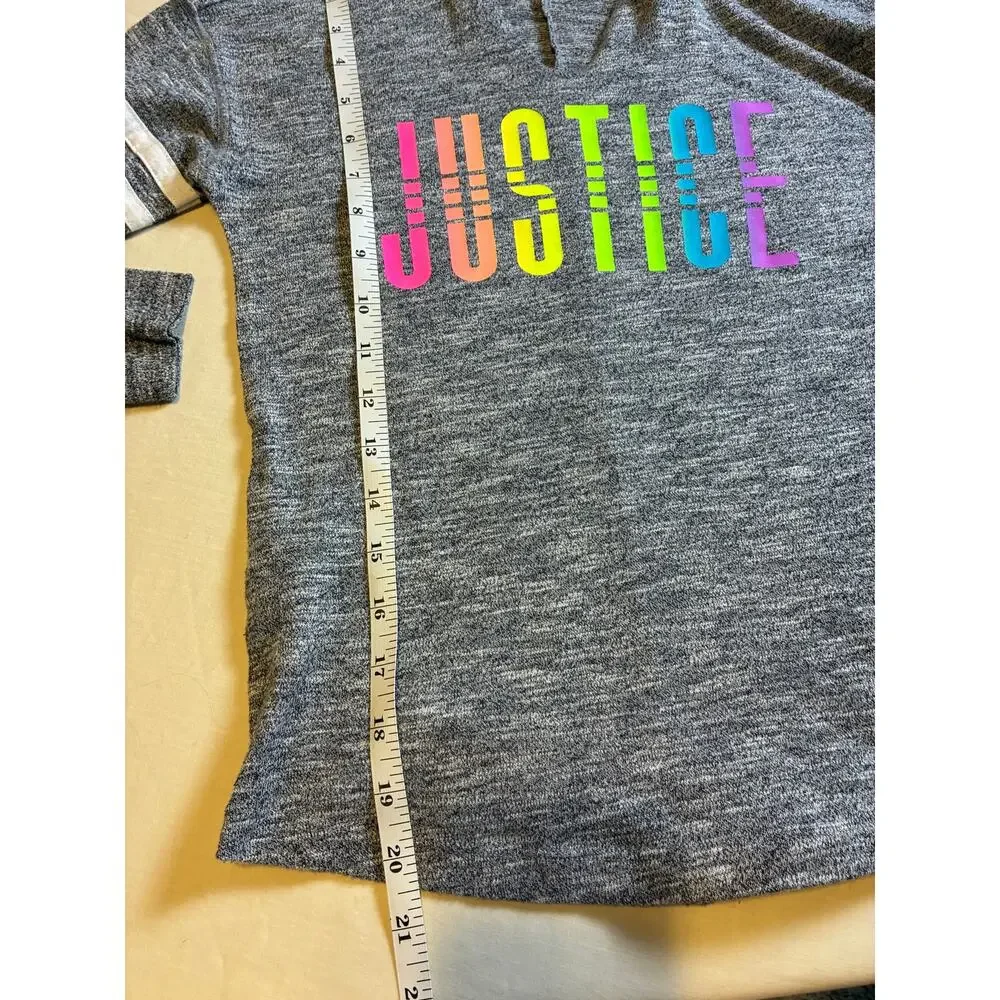 Justice Girls S 8 Gray Hooded Tunic Top Rainbow Logo Striped Sleeve Lightweight